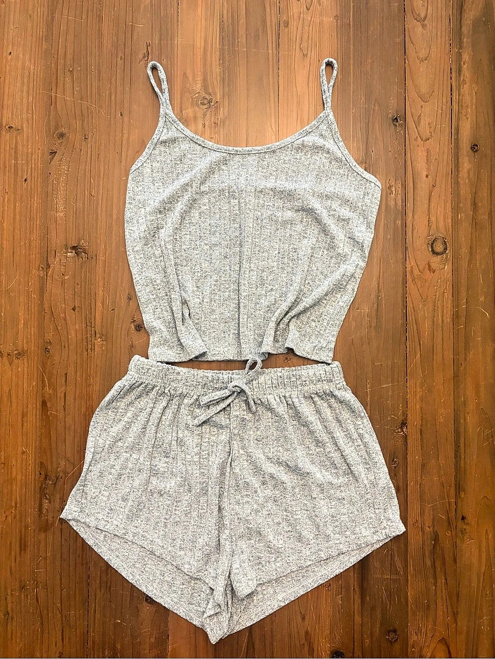 Light Heather Blue Ribbed Knit Pajama Set Crop Cami Tank & Shorts Loungewear